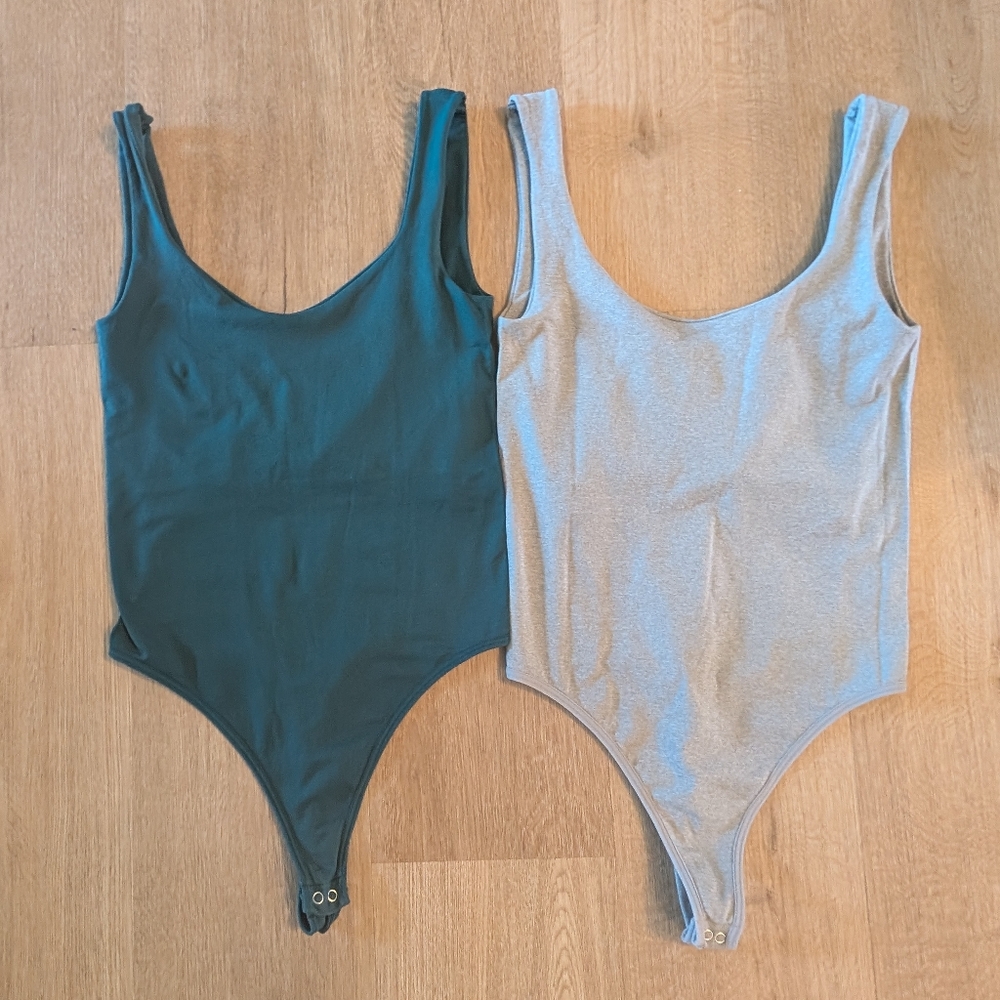 lot of 2 FREE PEOPLE INTIMATELY CLEAN LINES bodysuits gray and teal green XS S